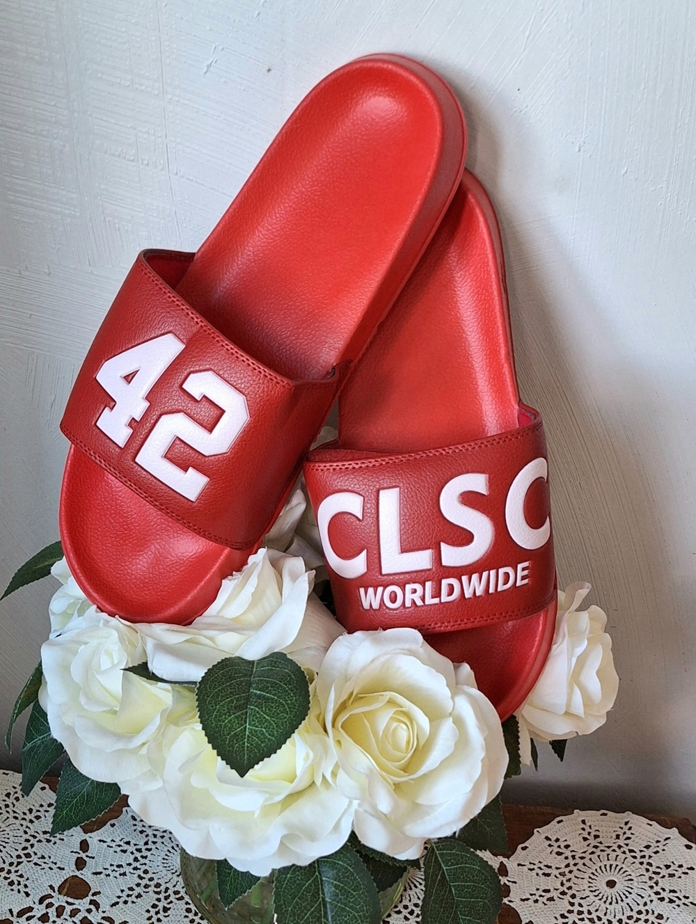 42POPS Red Slide Sandals with '42' and CLSC Worldwide Logo, Size 11